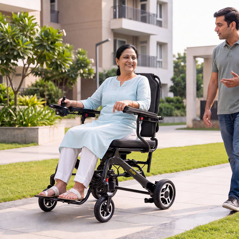 Woman in a Frido foldable electric wheelchair